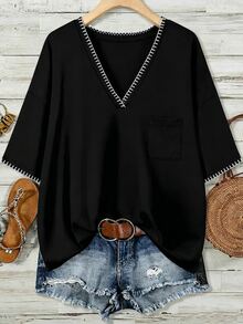 EMERY ROSE Casual Minimalist Handmade Shell Flower Decor V-Neck Loose T-Shirt For Plus Size Women, Black Top, Suitable For Summer - Multicolor - View 1
