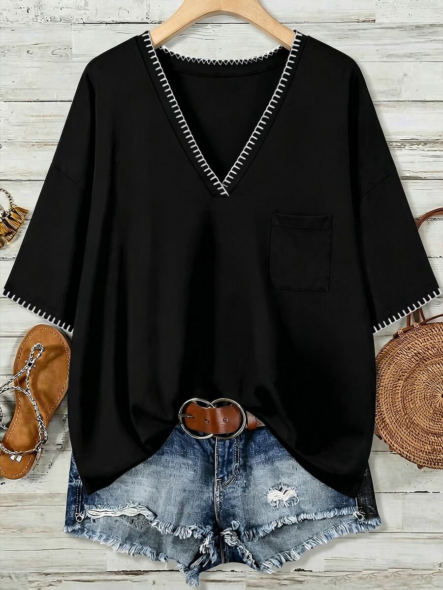 EMERY ROSE Casual Minimalist Handmade Shell Flower Decor V-Neck Loose T-Shirt For Plus Size Women, Black Top, Suitable For Summer - Multicolor - View 1