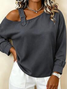 Weeklong Women's Plus Size Autumn/Winter Casual Asymmetric Shoulder Long Sleeve Cotton-Feel Loose Shirt Fall - Grey - View 4
