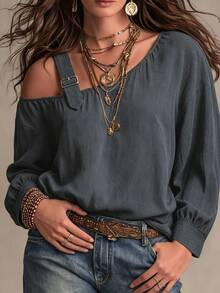 Weeklong Women's Plus Size Autumn/Winter Casual Asymmetric Shoulder Long Sleeve Cotton-Feel Loose Shirt Fall - Grey - View 7