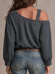 Weeklong Women's Plus Size Autumn/Winter Casual Asymmetric Shoulder Long Sleeve Cotton-Feel Loose Shirt Fall - Grey - View 2