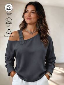 Weeklong Women's Plus Size Autumn/Winter Casual Asymmetric Shoulder Long Sleeve Cotton-Feel Loose Shirt Fall - Grey - View 1