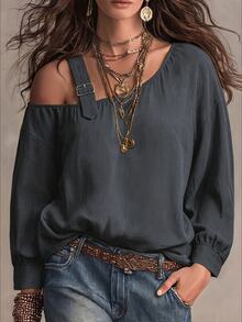 Weeklong Women's Plus Size Autumn/Winter Casual Asymmetric Shoulder Long Sleeve Cotton-Feel Loose Shirt Fall - Grey - View 3