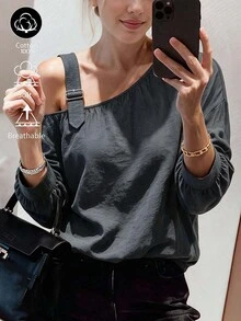Weeklong Women's Plus Size Autumn/Winter Casual Asymmetric Shoulder Long Sleeve Cotton-Feel Loose Shirt Fall - Grey - View 8