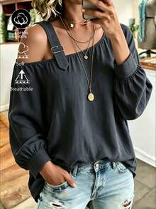 Weeklong Women's Plus Size Autumn/Winter Casual Asymmetric Shoulder Long Sleeve Cotton-Feel Loose Shirt Fall - Grey - View 5