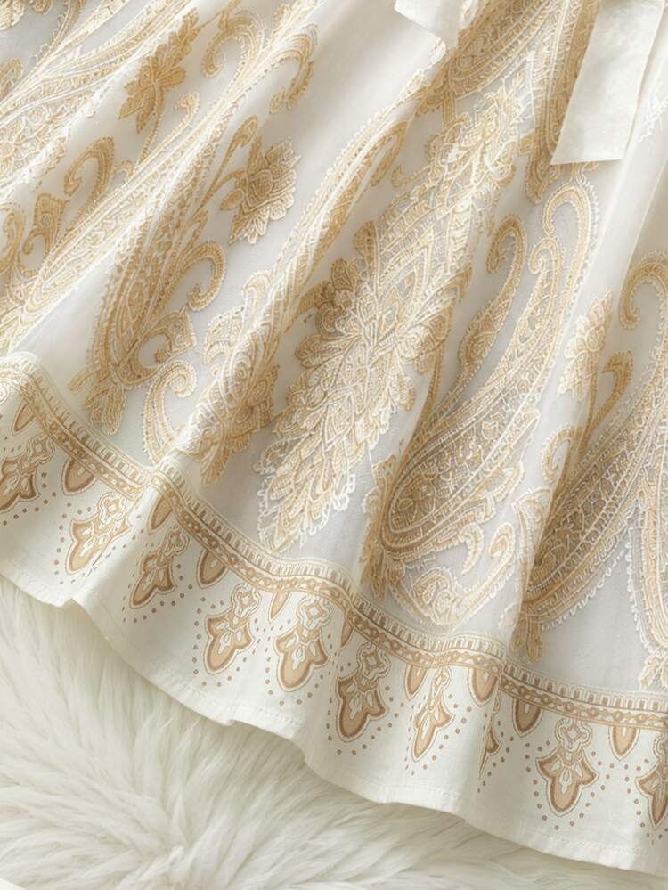 Franclia Gaun Midi Wanita Elegan dan Romantis dengan Motif Paisley, Gaun Pesta Pernikahan Musim Gugur, Pesta Kebun, Pesta Teh, Pernikahan Putih dan Emas - Aprikot - View 7