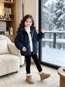 Elladie kids Girls' Fuzzy Jacket Heart , Comfortable Wear, Excellent Warmth, Suitable For Autumn/Winter Cold Weather, Comes With Cute Matching Color Crossbody Bag - Royal Blue - View 3