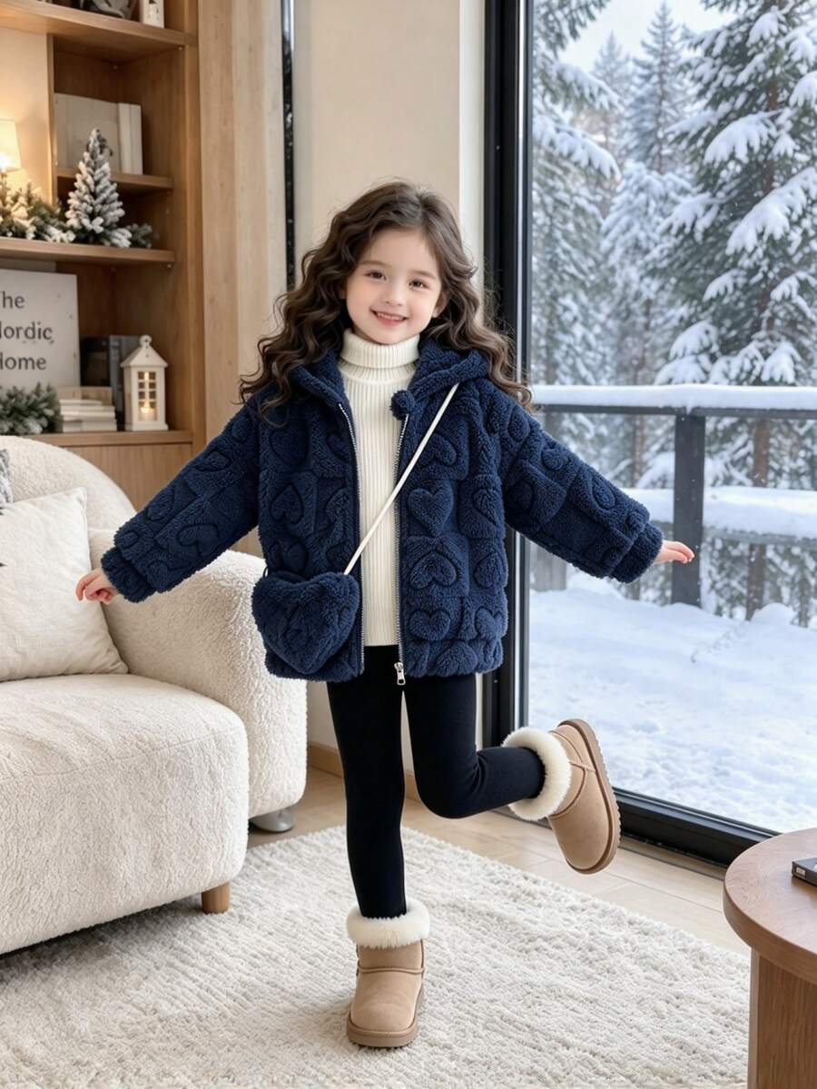 Elladie kids Girls' Fuzzy Jacket Heart , Comfortable Wear, Excellent Warmth, Suitable For Autumn/Winter Cold Weather, Comes With Cute Matching Color Crossbody Bag - Royal Blue - View 1