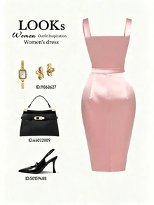 SHEIN Franclia Women Pink All Season Elegant Satin Midi Dress Square Neck Ruched Asymmetrical Hem Party Cami Dress - Pink - View 2