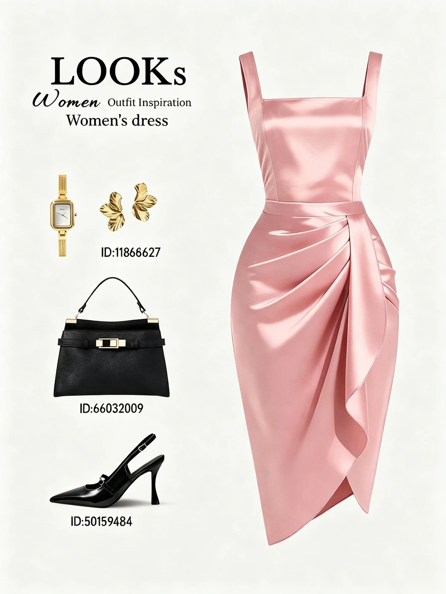 SHEIN Franclia Women Pink All Season Elegant Satin Midi Dress Square Neck Ruched Asymmetrical Hem Party Cami Dress - Pink - View 1