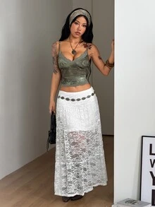 Coolane 女款夏季街頭風外出極簡度假優雅蕾絲彈性舒適白色低腰裙 - 白色 - 查看 6