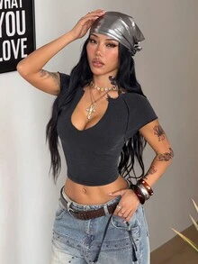 Coolane Summer For Women Streetwear Sexy Club Night Out Golf Going Out Casual Charcoal Gray 62 Cotton Washed Notch Neck Fitted T-Shirt - Black - View 1