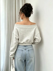 Trelyra Women's Solid Color Off-Shoulder Drop Shoulder Long Sleeve Casual Sweatshirt - Grey - View 2