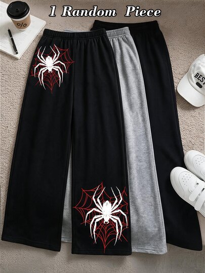 SHEIN Sparklyn Vintage Fashion White Spider Red Spider Web Print Black Sweatpants, Teen Girl Casual Loose Wide Leg Long Pants, Suitable For Autumn/Winter Daily, Street, Outdoor, Campus, Back To School Season, With Personalized Cool Vibe, Easily Create Eye-Catching Autumn Look