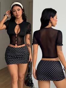Coolane Women's Summer Black Techno Club Going Out Rave Vintage Sexy Streetwear Y2K Festival Party Chic Lace Patchwork Button Down Cardigans - Black - View 3