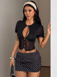 Coolane Women's Summer Black Techno Club Going Out Rave Vintage Sexy Streetwear Y2K Festival Party Chic Lace Patchwork Button Down Cardigans - Black - View 1