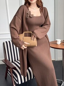 Feyla New Slouchy Long Cardigan Sweater & Floral Tank Top 2 Pieces Set, Autumn/Winter - Brown - View 4