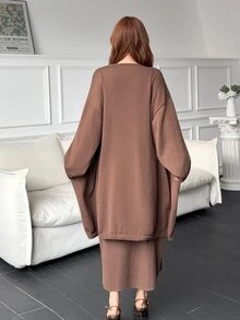 Feyla New Slouchy Long Cardigan Sweater & Floral Tank Top 2 Pieces Set, Autumn/Winter - Brown - View 8