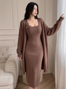 Feyla New Slouchy Long Cardigan Sweater & Floral Tank Top 2 Pieces Set, Autumn/Winter - Brown - View 3