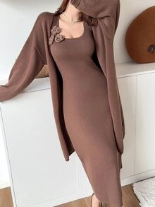 Feyla New Slouchy Long Cardigan Sweater & Floral Tank Top 2 Pieces Set, Autumn/Winter - Brown - View 7