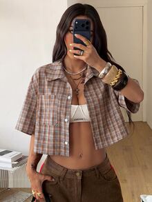 Coolane Summer For Women Streetwear Vintage Preppy Crop Plaid Loose Shirt, Vacation - Brown - View 2