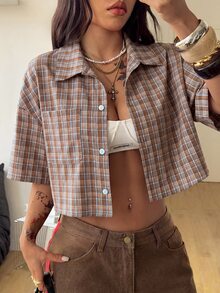 Coolane Summer For Women Streetwear Vintage Preppy Crop Plaid Loose Shirt, Vacation - Brown - View 3