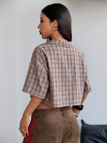 Coolane Summer For Women Streetwear Vintage Preppy Crop Plaid Loose Shirt, Vacation - Brown - View 5
