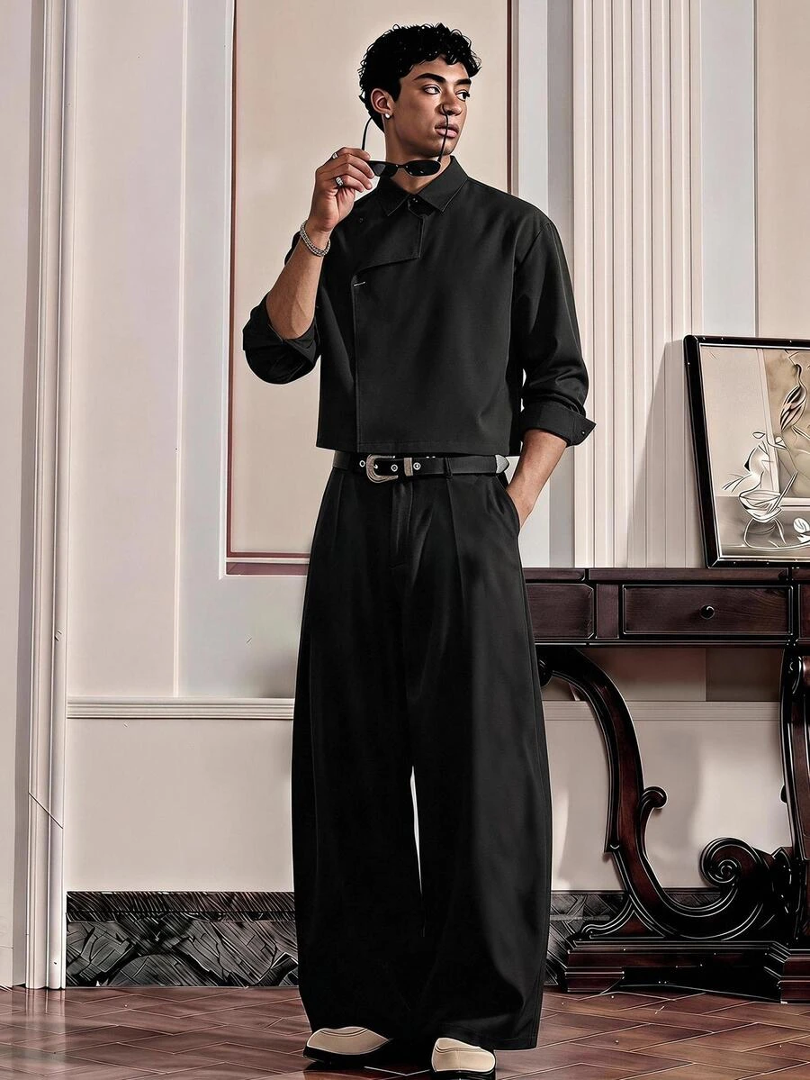 SWAVVY Men's Solid Color Long Sleeve Shirt And Long Pants Casual Set - Black - View 1