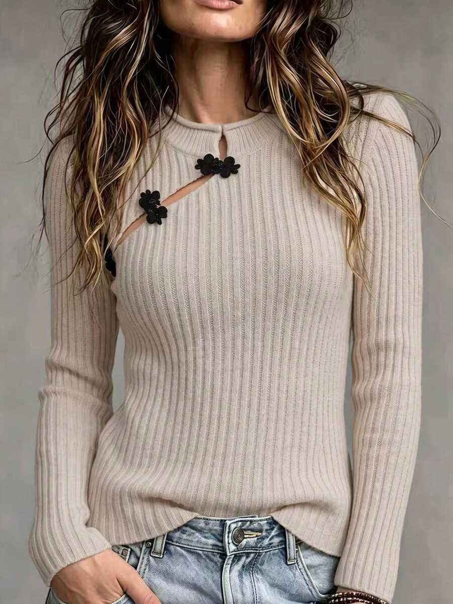 SHEIN Women's New Autumn Winter Elegant Apricot Chinese Style Chinese Knot Button Round Neck Ribbed Knit Sweater, Slant Front Closure Long Sleeve Pullover