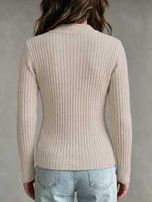SHEIN Women's New Autumn Winter Elegant Apricot Chinese Style Chinese Knot Button Round Neck Ribbed Knit Sweater, Slant Front Closure Long Sleeve Pullover - Apricot - View 3