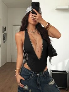 Coolane Women's Black And White Leopard Print Summer Deep V-Neck Halter Bodysuit, Y2K Sexy Fashion Streetwear Club Night Out Pool Party - Black - View 3