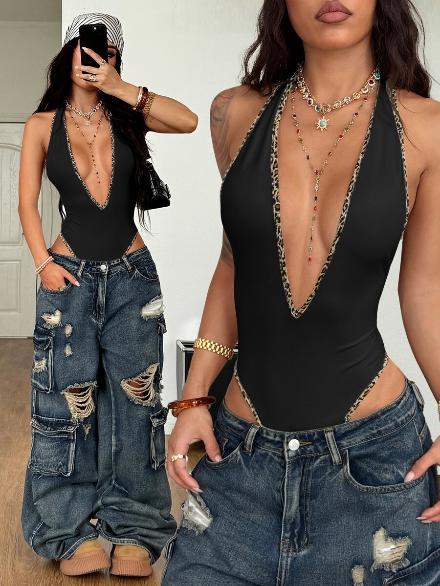 Coolane Women's Black And White Leopard Print Summer Deep V-Neck Halter Bodysuit, Y2K Sexy Fashion Streetwear Club Night Out Pool Party - Black - View 1