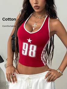 Coolane 女款彩色方塊星星與數字印花露背上衣 - 紅色 - 查看 4