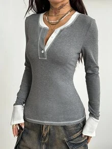 Coolane Autumn For Women Contrast Color Button Half Placket Long Sleeve Fitted Casual T-Shirt - Grey - View 5