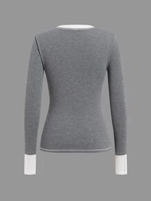 Coolane Autumn For Women Contrast Color Button Half Placket Long Sleeve Fitted Casual T-Shirt - Grey - View 7