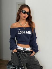 SHEIN EZwear Women Winter Casual One Shoulder Loose Sweatshirt - Navy Blue - View 3