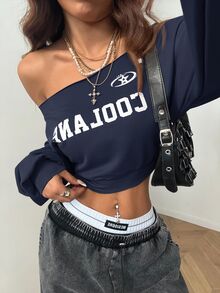 SHEIN EZwear Women Winter Casual One Shoulder Loose Sweatshirt - Navy Blue - View 4