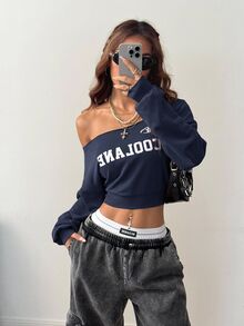 SHEIN EZwear Women Winter Casual One Shoulder Loose Sweatshirt - Navy Blue - View 1