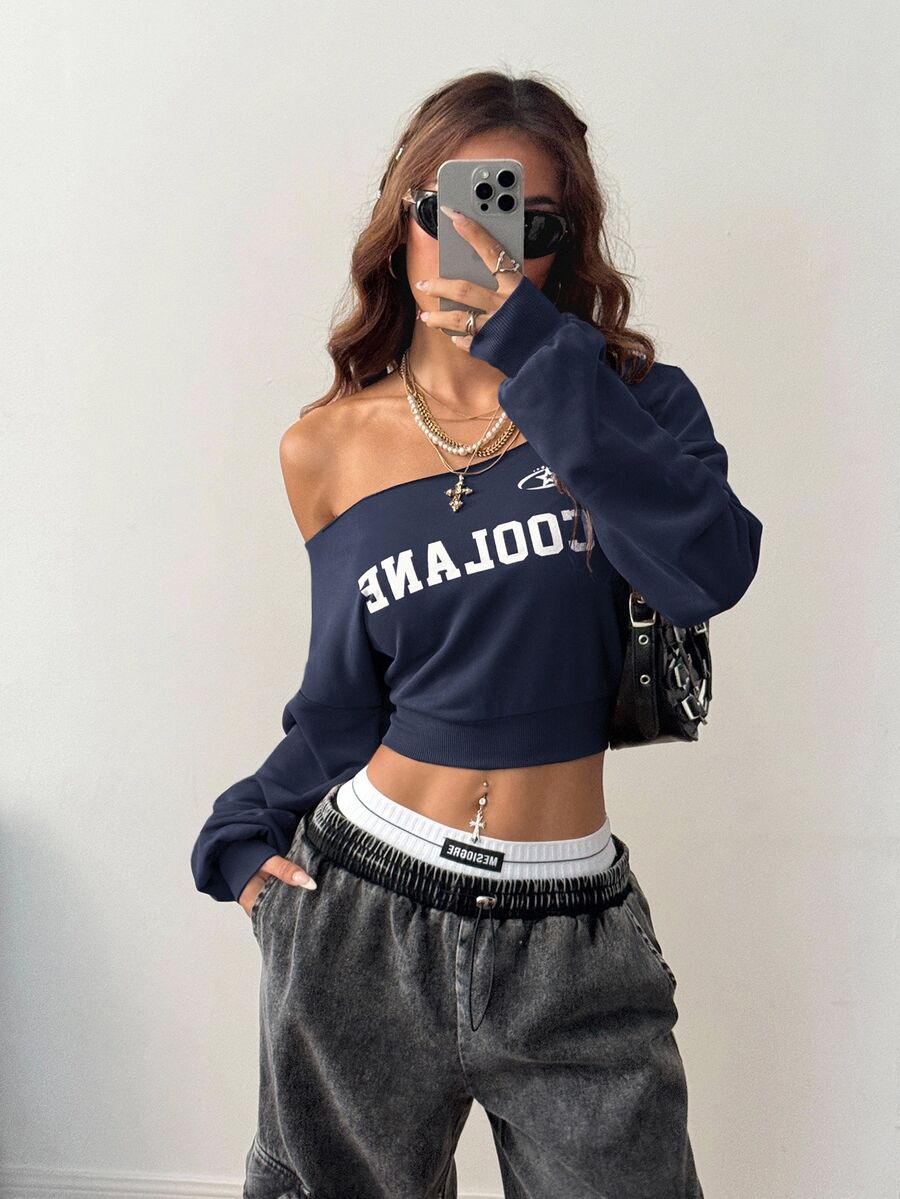 SHEIN EZwear Women Winter Casual One Shoulder Loose Sweatshirt - Navy Blue - View 1