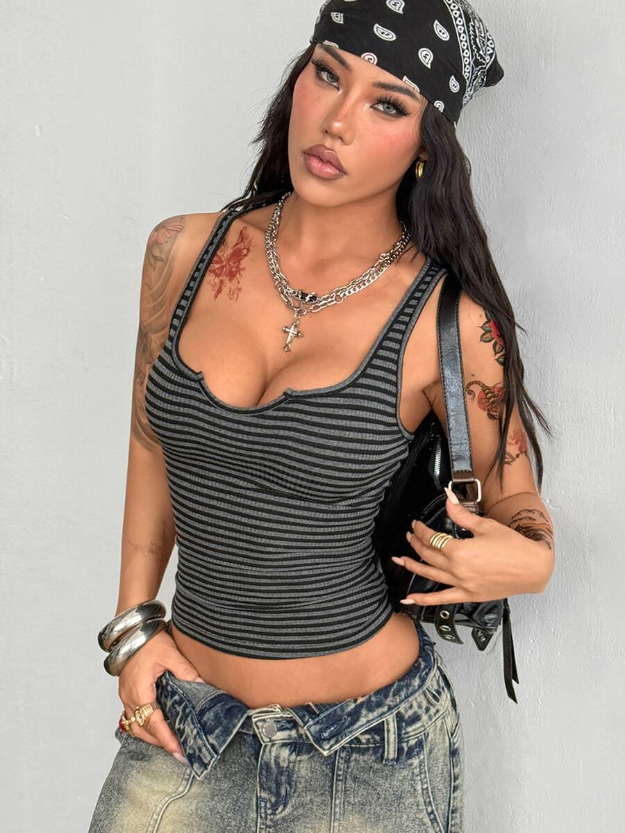 Coolane 女士冬季服装 节日街头风 复古Y2K基础款V领弹力上衣 哥特风 性感上衣 - 灰色 - 查看 1