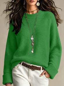 SHEIN Women's Autumn Winter Forest Green Round Neck Wool Blend Knit Sweater, Elegant Ribbed Folded Sleeve Pullover For Christmas, Holiday, Casual Daily Wear - Green - View 9