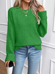 SHEIN Women's Autumn Winter Forest Green Round Neck Wool Blend Knit Sweater, Elegant Ribbed Folded Sleeve Pullover For Christmas, Holiday, Casual Daily Wear - Green - View 4