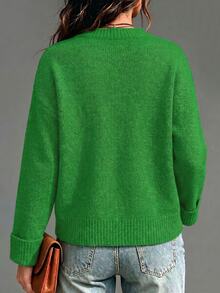 SHEIN Women's Autumn Winter Forest Green Round Neck Wool Blend Knit Sweater, Elegant Ribbed Folded Sleeve Pullover For Christmas, Holiday, Casual Daily Wear - Green - View 2