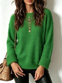 SHEIN Women's Autumn Winter Forest Green Round Neck Wool Blend Knit Sweater, Elegant Ribbed Folded Sleeve Pullover For Christmas, Holiday, Casual Daily Wear - Green - View 8