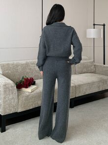Seusyu 女款純色長袖上衣與長褲休閒日常針織兩件套家居服 深灰色 秋季旅行 - 灰色 - 查看 2