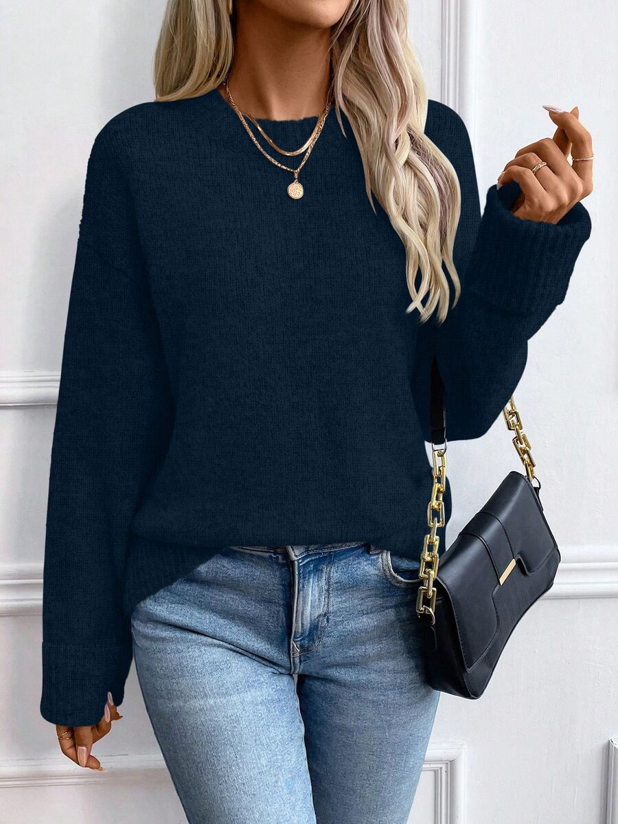 SHEIN 5 Wool%,Women's Autumn Winter Navy Blue Round Neck Knit Sweater,Elegant Minimalist Loose Long Sleeve Pullover With Turn-Up Cuffs For Daily, Commute - Royal Blue - View 1