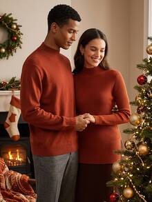Manfinity Homme Men's Casual Versatile Solid Color Stand Collar Sweater,Christmas Elements,Cute Christmas Pullover Sweater , Unisex Style,Fall/Winter - Rust Brown - View 2