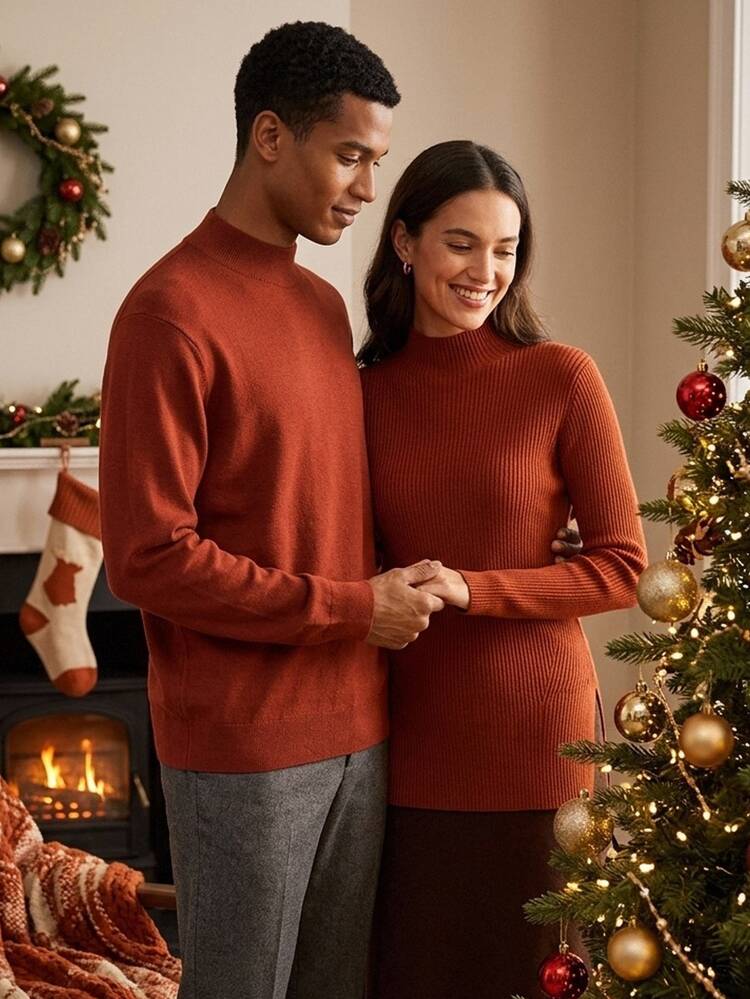 Manfinity Homme Men's Casual Versatile Solid Color Stand Collar Sweater,Christmas Elements,Cute Christmas Pullover Sweater , Unisex Style,Fall/Winter - Rust Brown - View 2