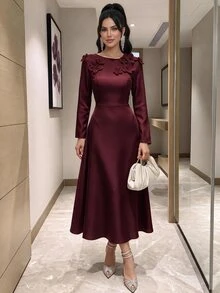 Modelyn 女士优雅纯色长款连衣裙，3D 花卉装饰，适合春秋季节 - 酒紅色 - 查看 8