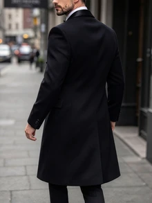 Manfinity Mode Men's Solid Color Pocket & Button Front Long Sleeve Black Overcoat, Autumn Fall Winter - Black - View 2